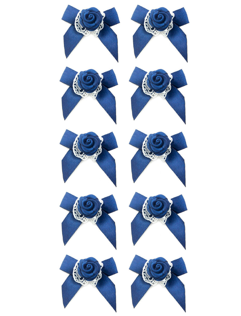 Dark blue rose flower satin ribbon trim with white lace ruff.