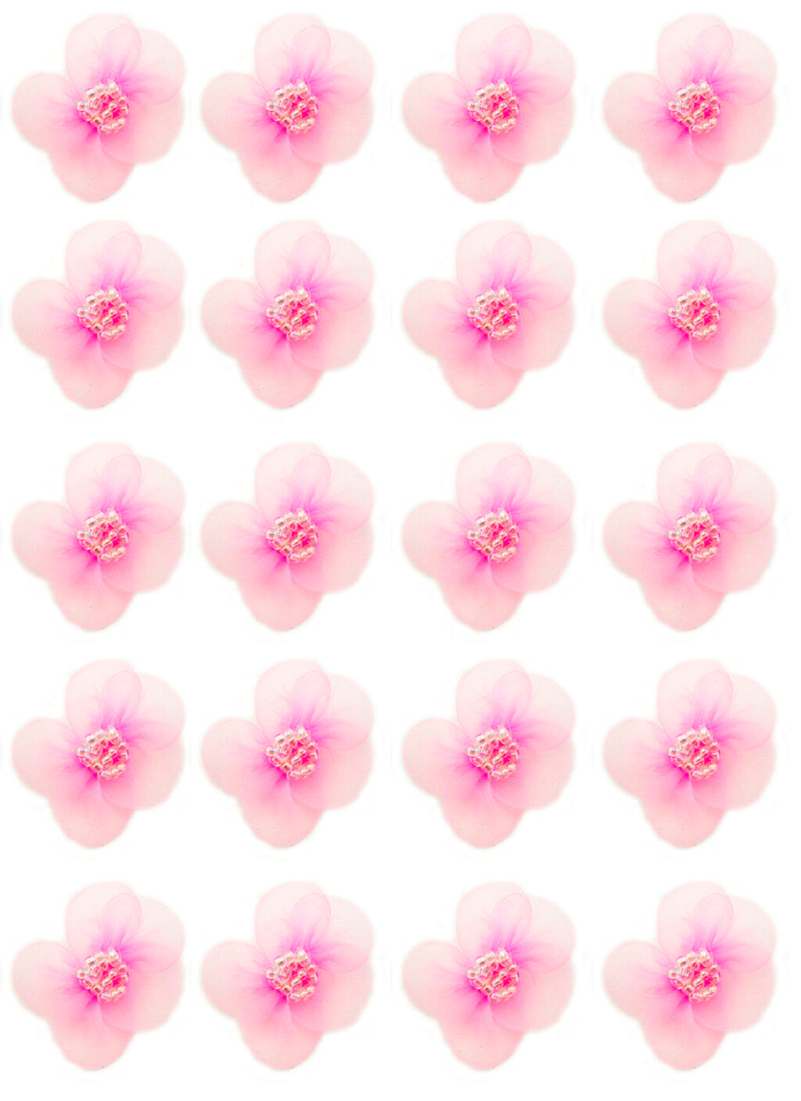 Pack of 20 Pretty Pink Organza Flower Sew On Trims with Central Multi Bead Clusters for Garment Embellishment - 30 x 30 mm