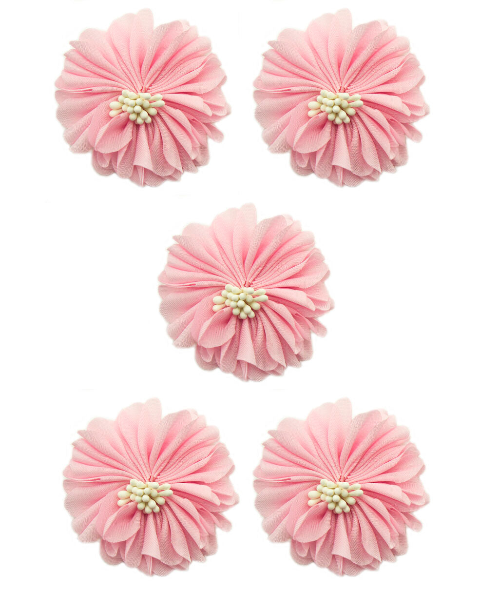 Large pink soft silky flower sew on trim with white clusters.