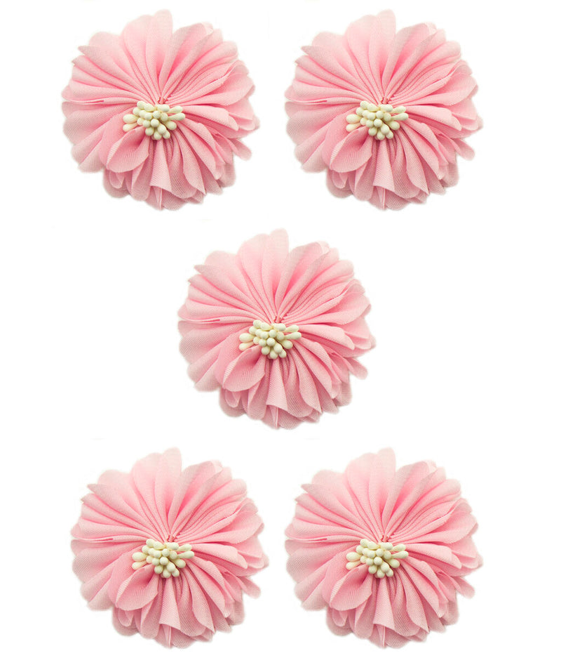 Large pink soft silky flower sew on trim with white clusters.
