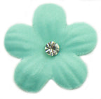 Close-up of pastel blue flower trim showcasing crystal bead details.