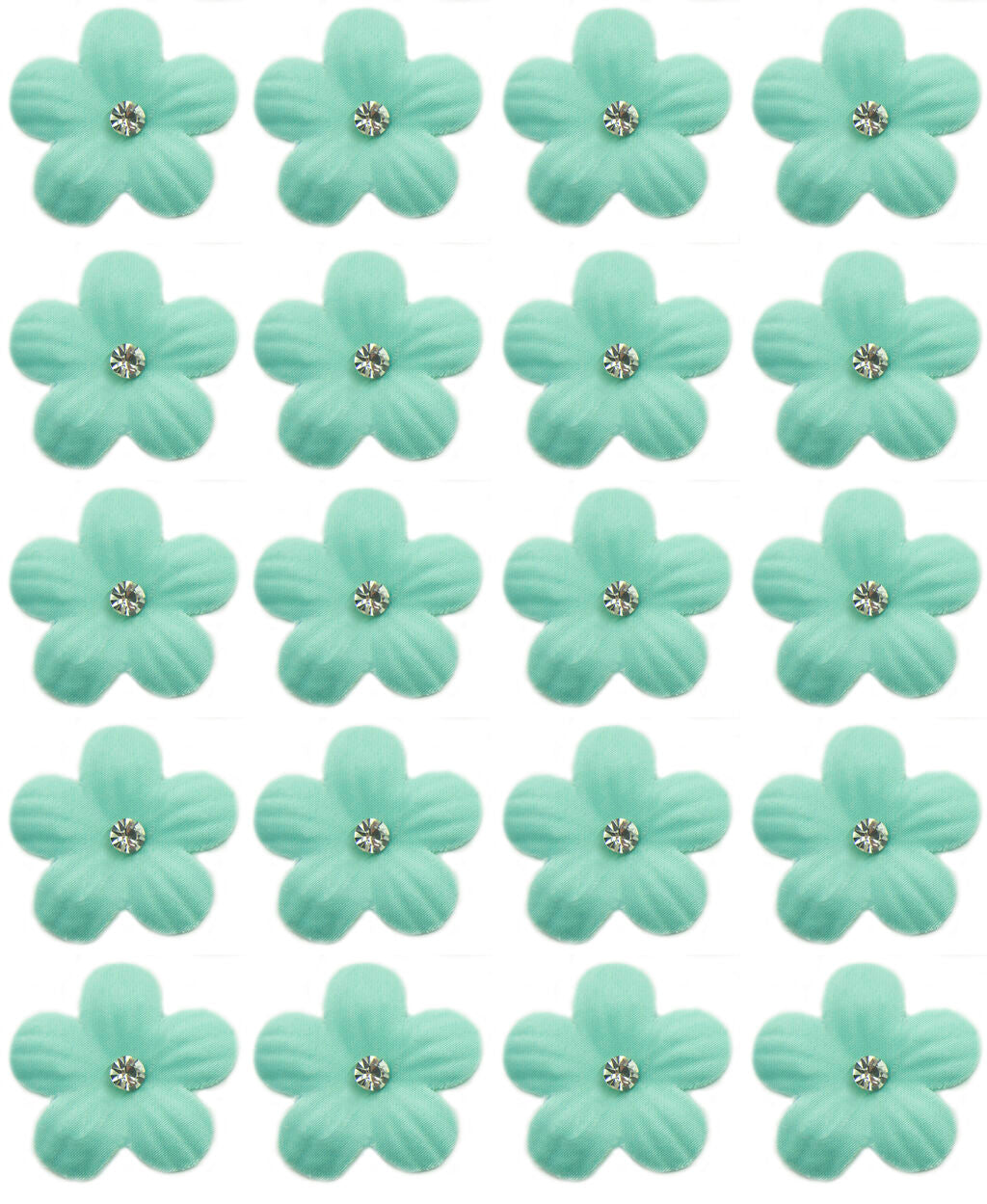 Pastel blue flower trim with crystal beads on a white background.