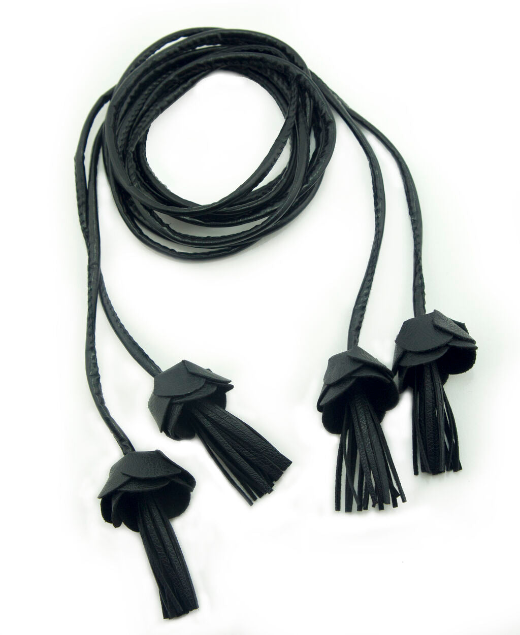 Black PU leatherette cords with flower tassels for decoration.