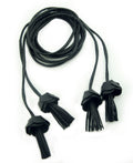 Black PU leatherette cords with flower tassels for decoration.