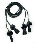 Black PU leatherette cords with flower tassels for decoration.