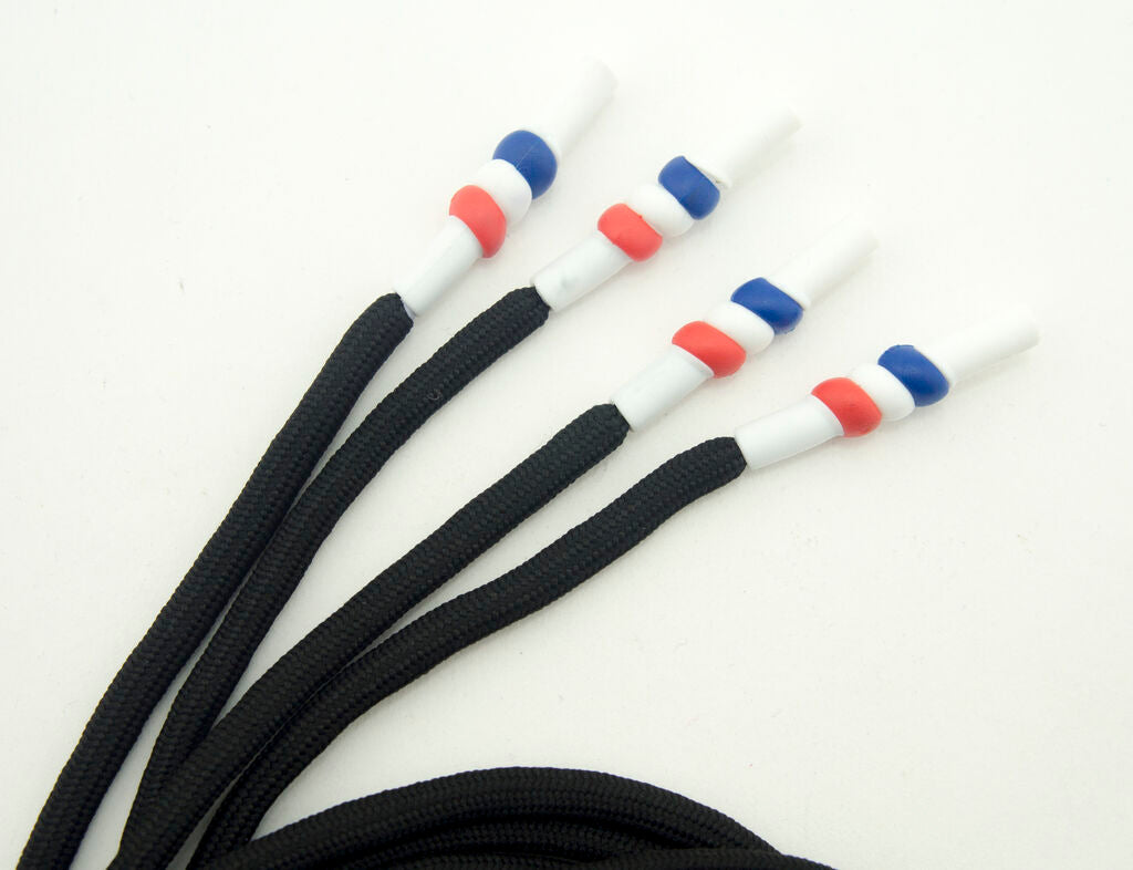Close-up of black nylon hoodie cords showcasing the waterproof ends.