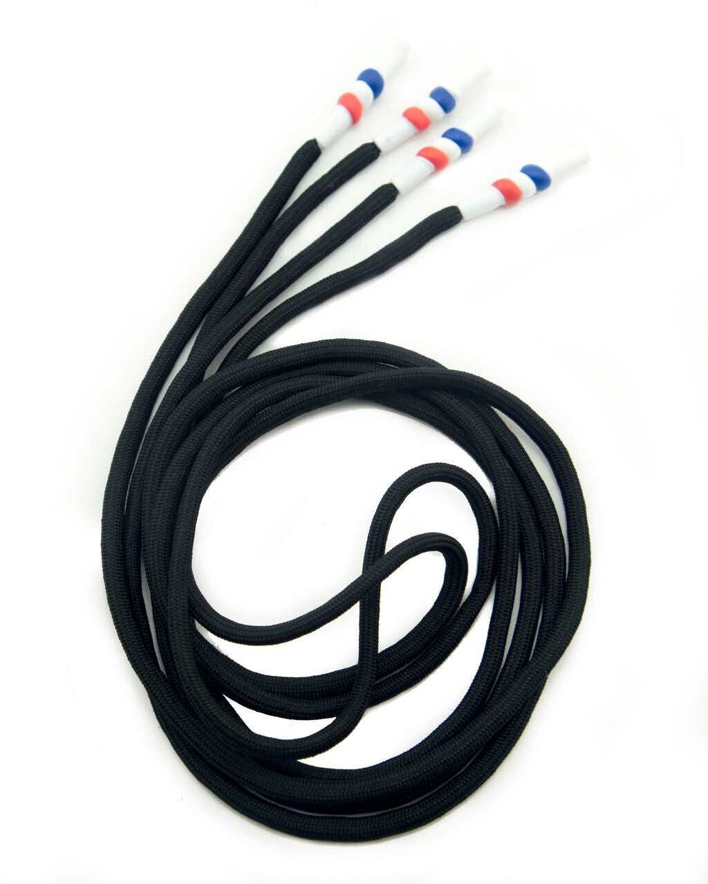 Two black nylon hoodie cords with tricolour waterproof ends.