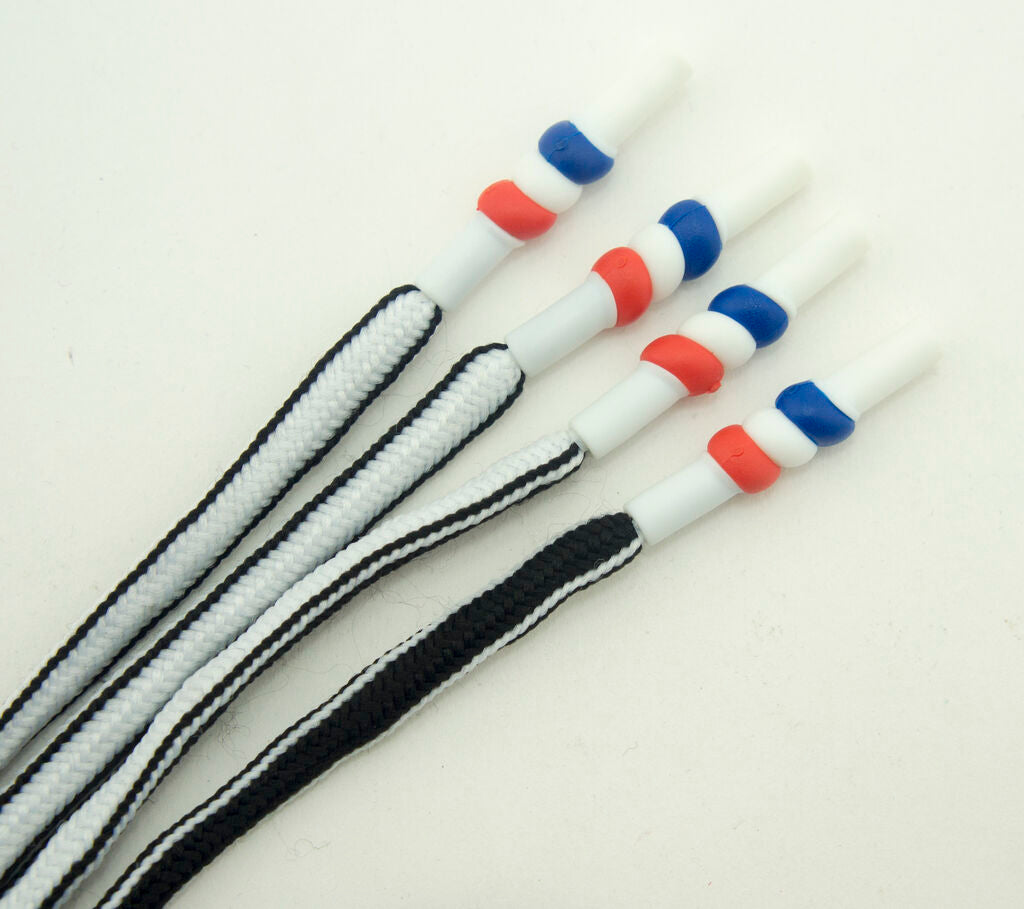 Close-up of the tricolour waterproof plastic ends of the hoodie cords.