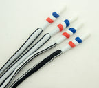 Close-up of the tricolour waterproof plastic ends of the hoodie cords.