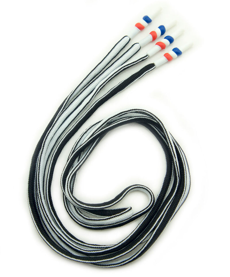 Black and white striped nylon hoodie cords with waterproof ends.