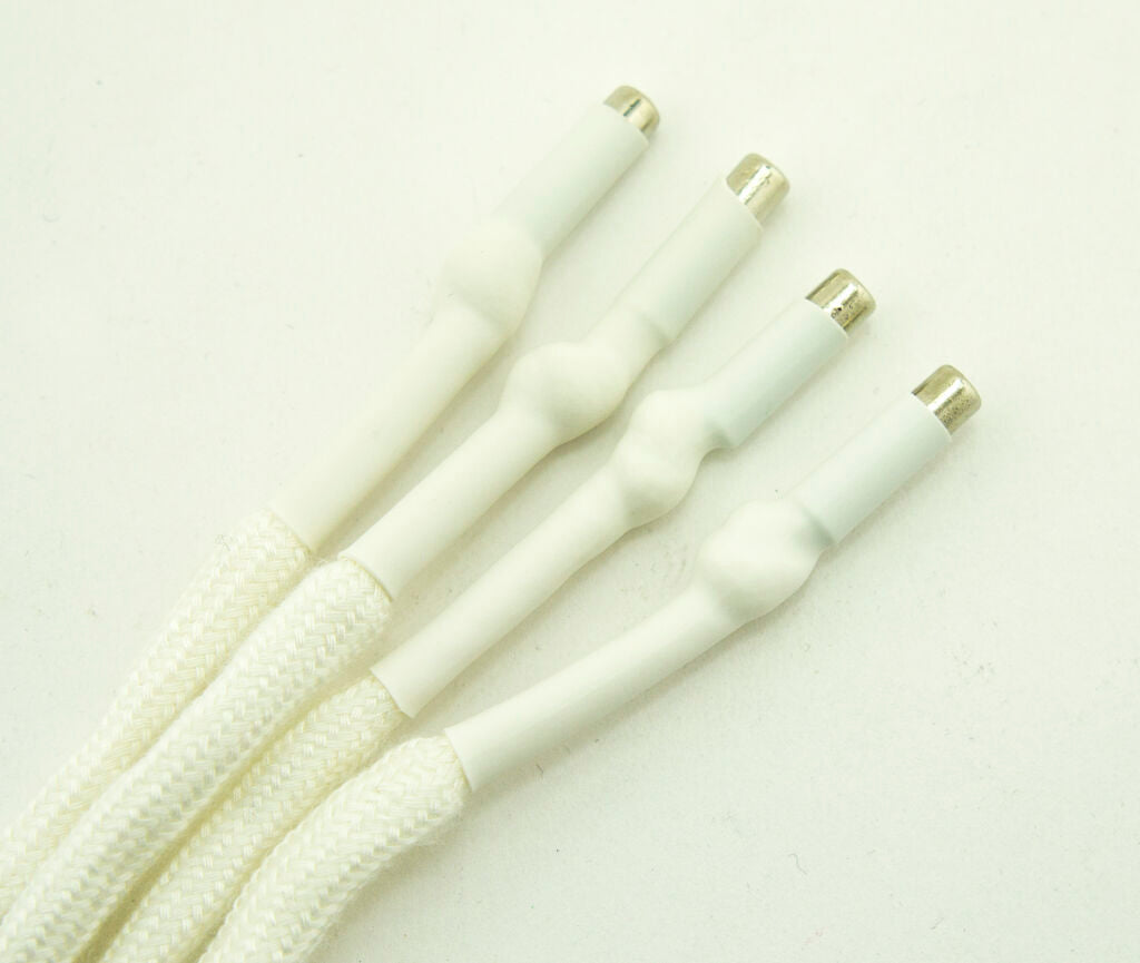 Close-up of waterproof metal ends on hoodie cords.