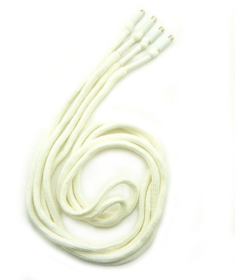 Two soft cotton off white hoodie cords with metal ends.