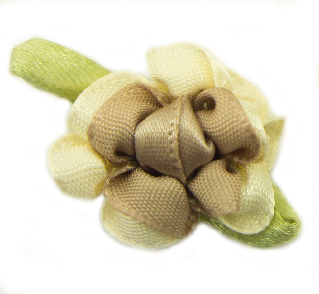 Pretty Double Colour Ribbon Flower Sew On Trims for Clothing and Accessory Embellishment 25 x 25 mm Pack of 20, Light Brown