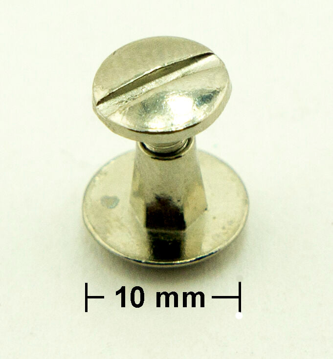 Close-up of hexagonal binding screws showing top and bottom diameters.