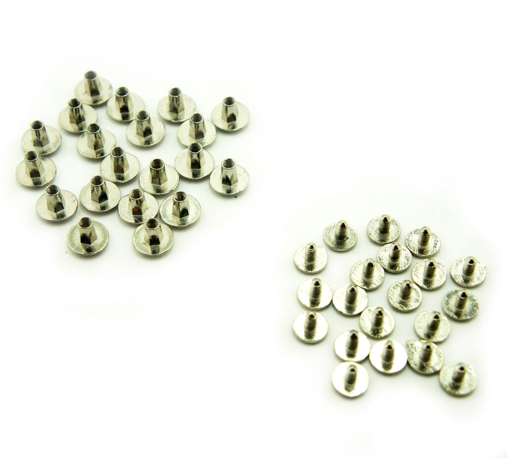 Hexagonal silver metal binding screws displayed on a white background.