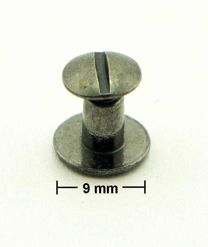 Various angles of the antique brass tone binding screws.