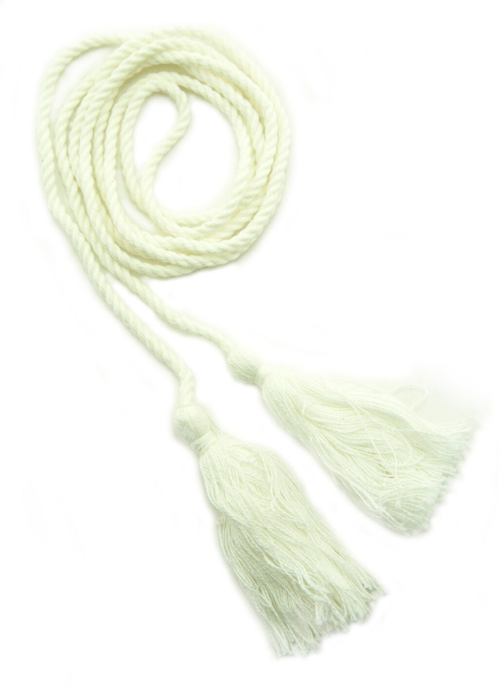 Four white cotton double end tassels with string cord.