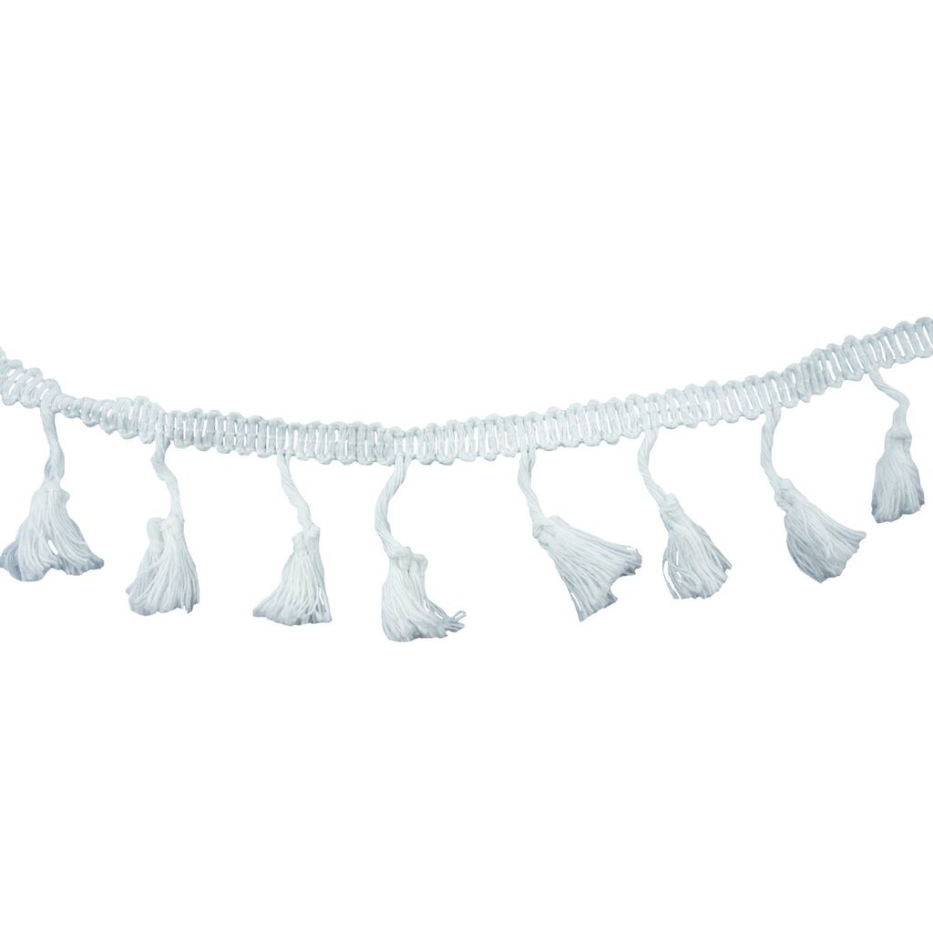 White cotton tassel trim displayed on a flat surface.