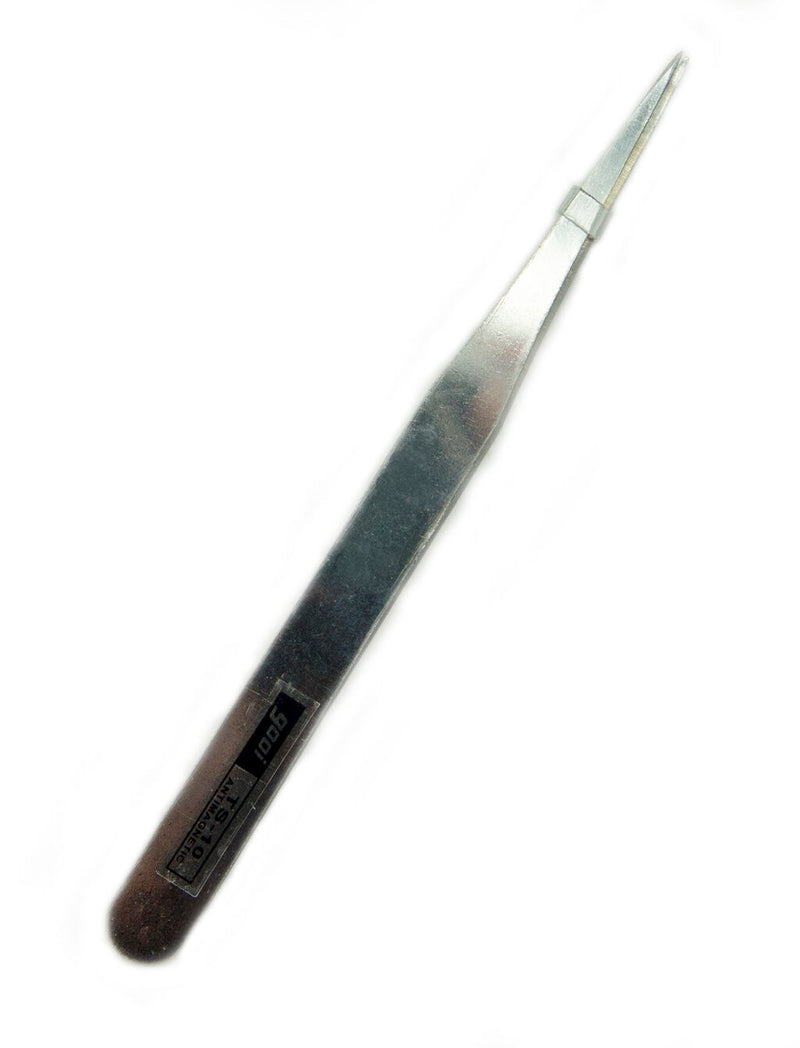 Straight nose steel sewing machine tweezers on a white background.