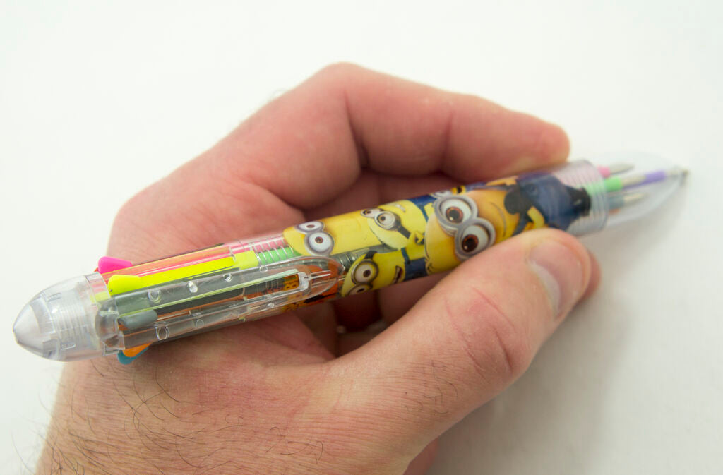 Close-up of the Minions design on the 8 colour retractable ballpoint pens.