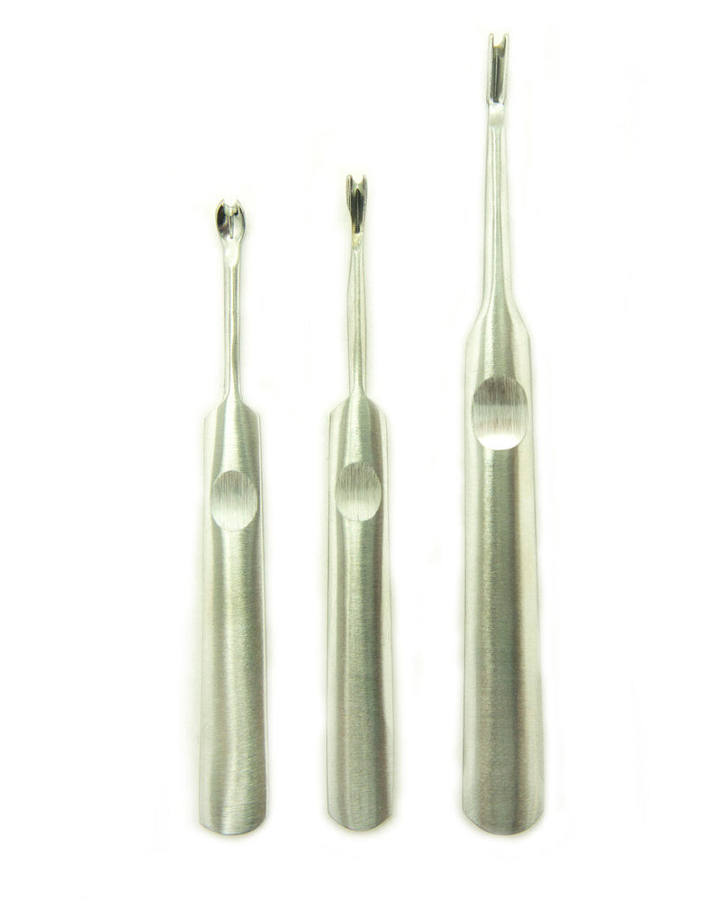 Three stainless steel cuticle trimmers with different head designs.