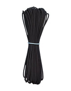 Black round polyester woven elastic on a spool, 2.5mm diameter.