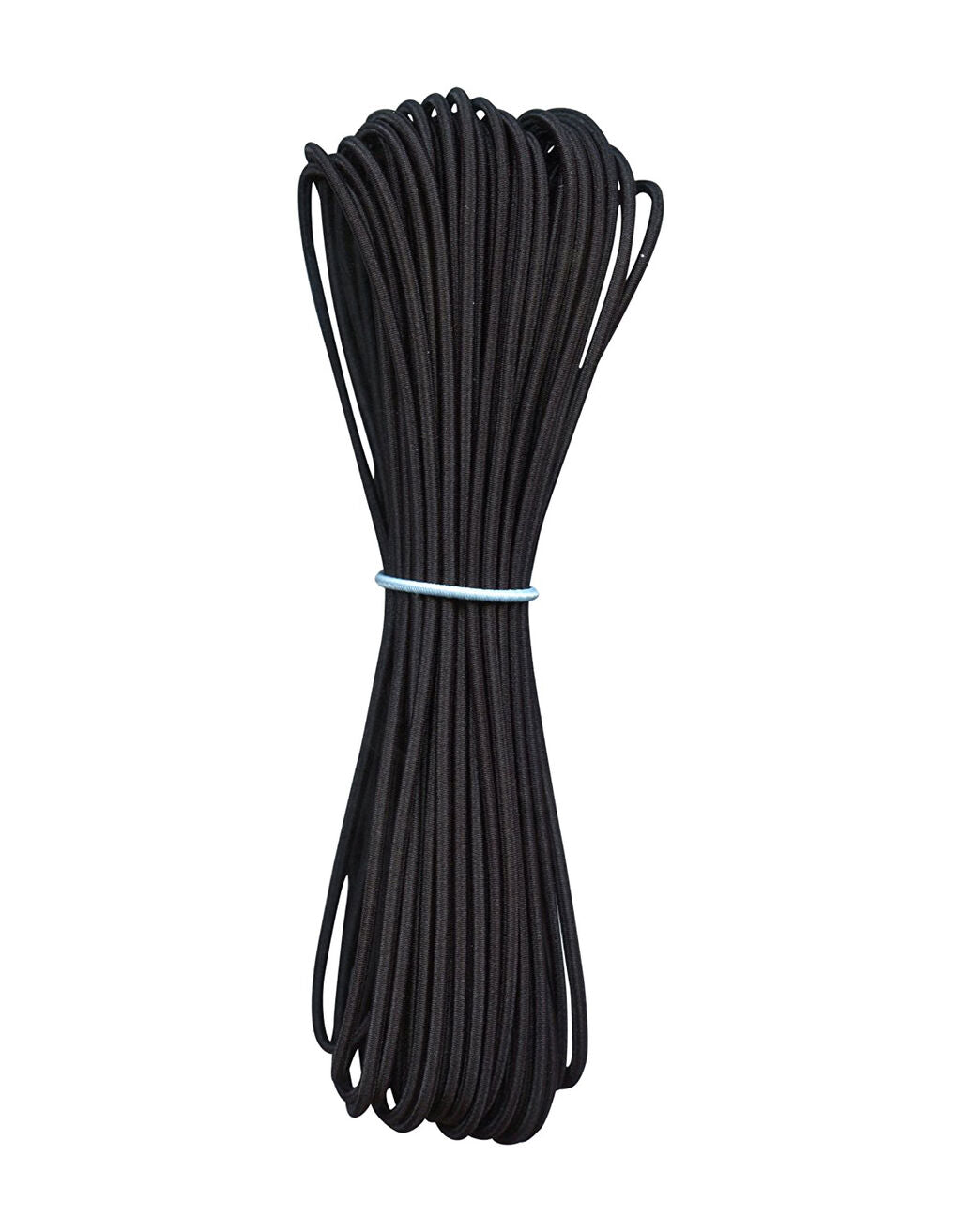 Black round polyester woven elastic on a spool, 2.5mm diameter.