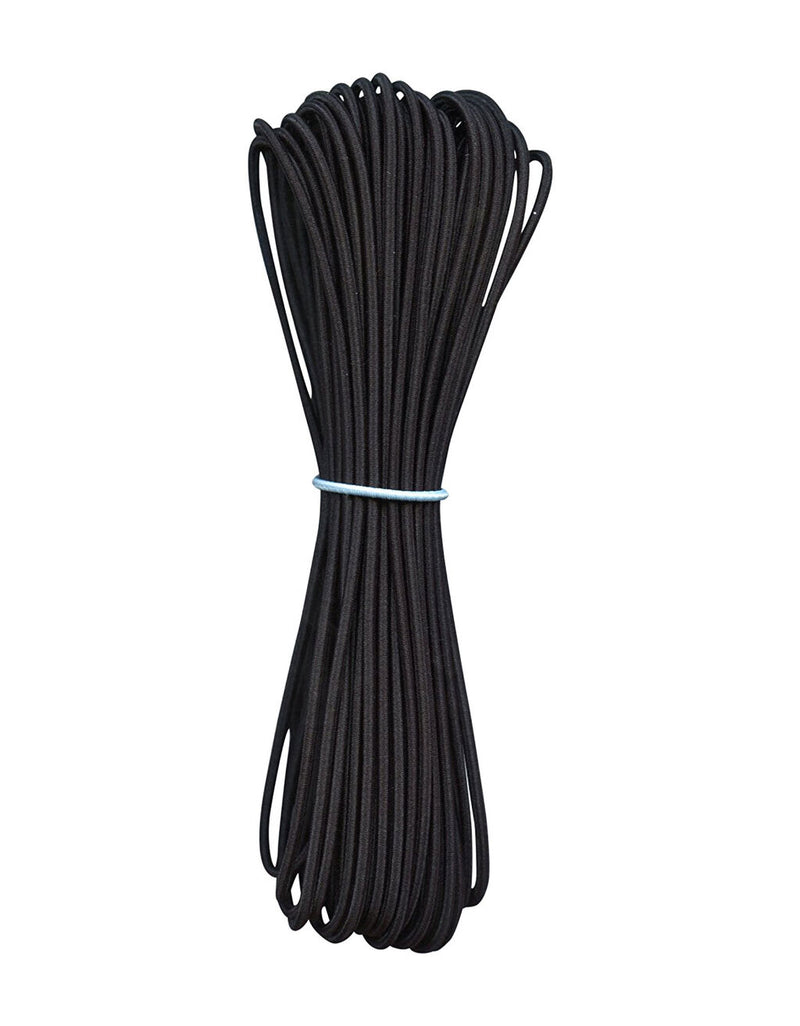 Black round polyester woven elastic on a spool, 2.5mm diameter.