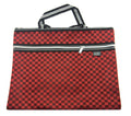 Red satin chequer pattern portfolio carrying bag with compartments.