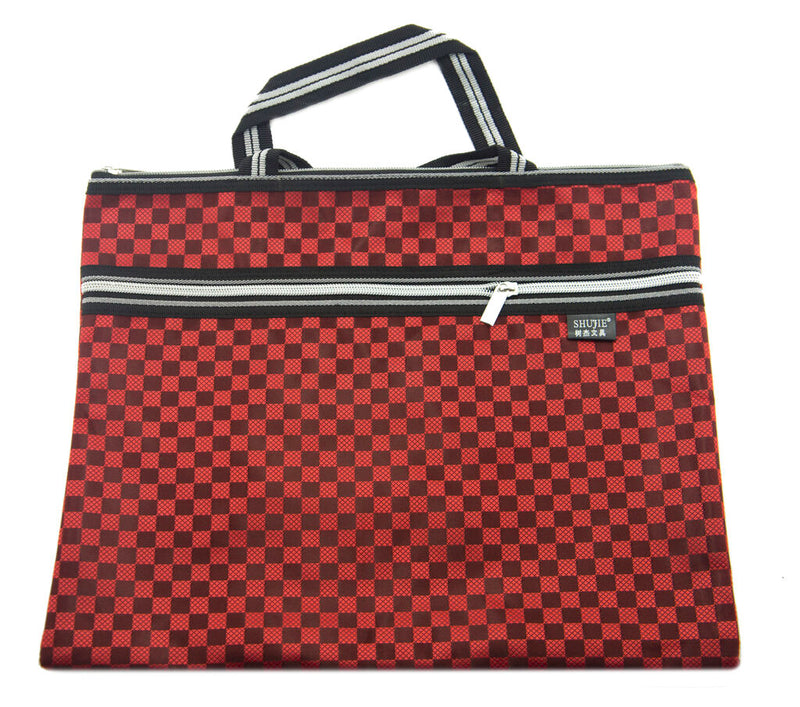 Red satin chequer pattern portfolio carrying bag with compartments.