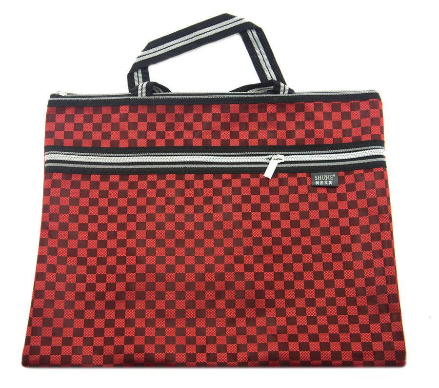 Red Satin Chequer Pattern Heavy Duty Daily Fashion Tools Portfolio Carrying Bag with 2 Compartments - 370 x 310 mm, Fits Over A4 Size