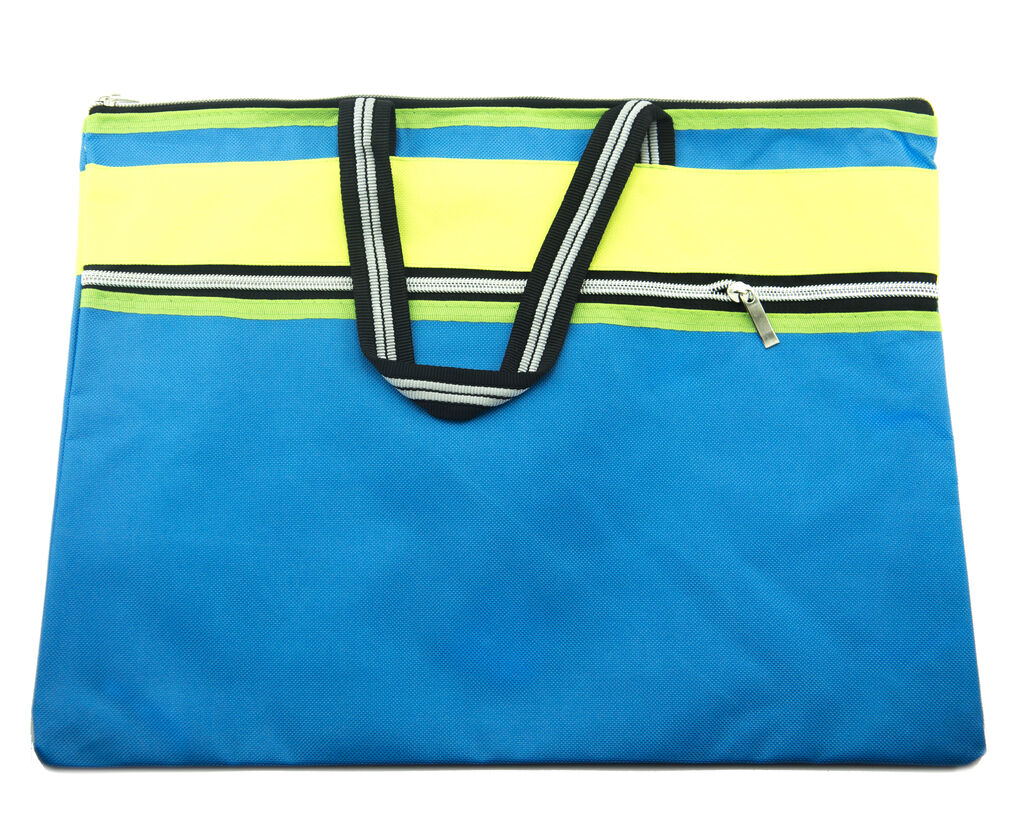 Front view of the blue and neon yellow heavy duty portfolio bag.