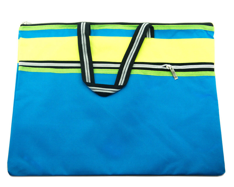 Front view of the blue and neon yellow heavy duty portfolio bag.