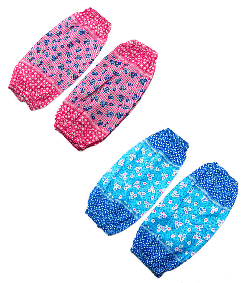 Two pairs of colourful printed cotton sleeve protectors for children.