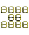 Set of 10 antique brass tone square metal buckles displayed