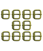 Set of 10 antique brass tone square metal buckles displayed