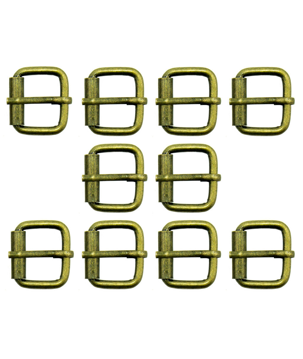 Set of 10 antique brass tone square metal buckles displayed