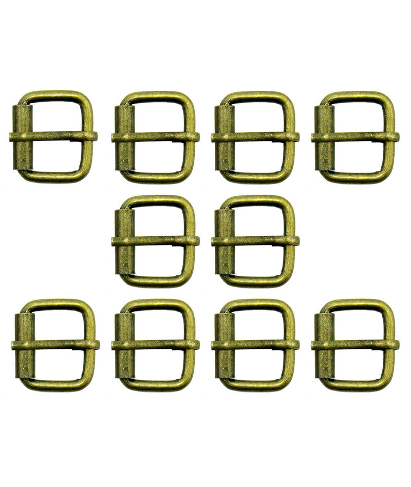 Set of 10 antique brass tone square metal buckles displayed