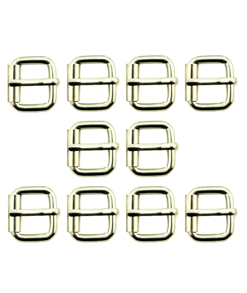 Set of 10 silver tone square metal buckles on display.