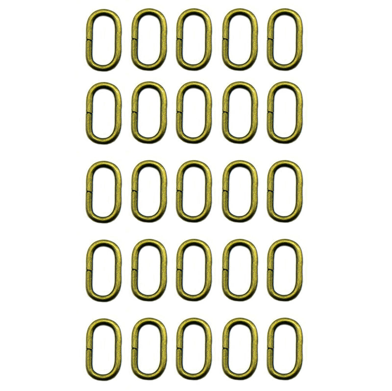 Pack of 25 antique brass tone metal oval loop rings.