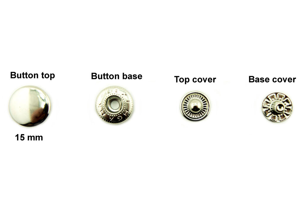 50 sets of silver tone press stud buttons arranged neatly.