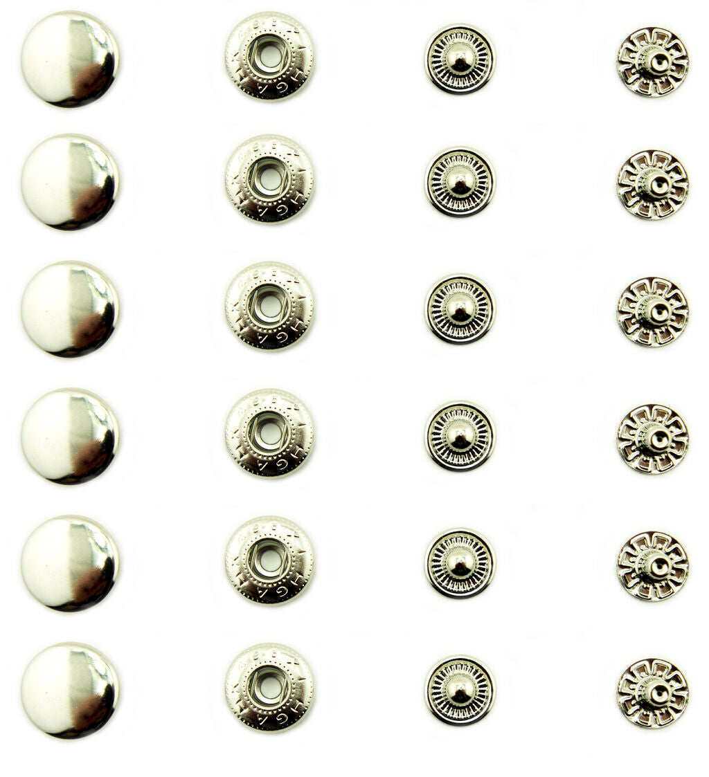 Image of silver tone flat top press stud buttons in a pack.
