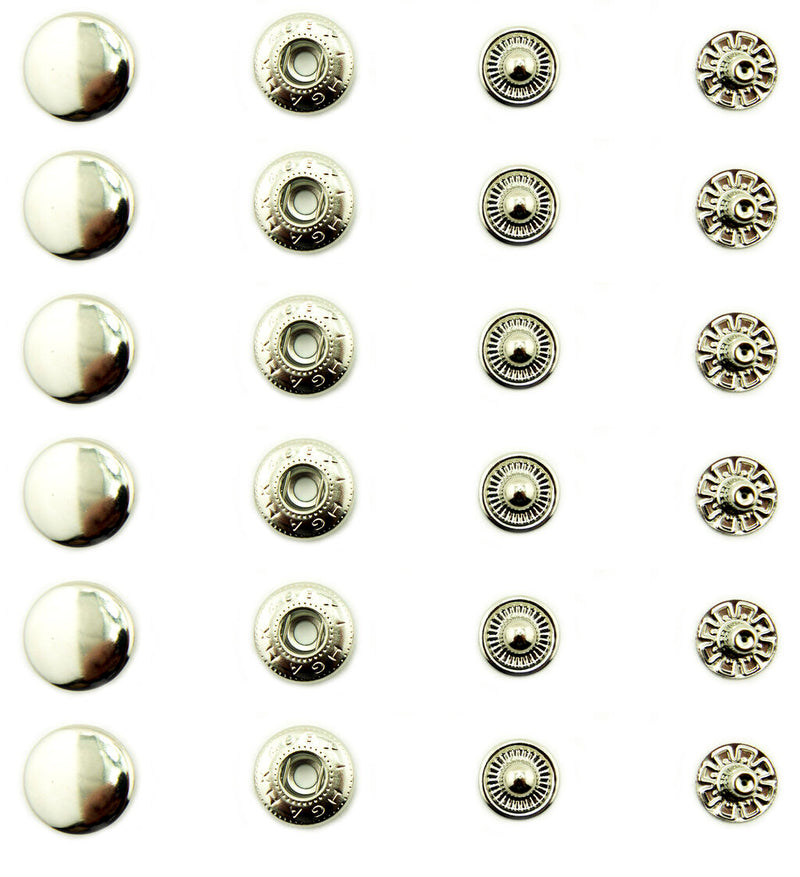 Image of silver tone flat top press stud buttons in a pack.