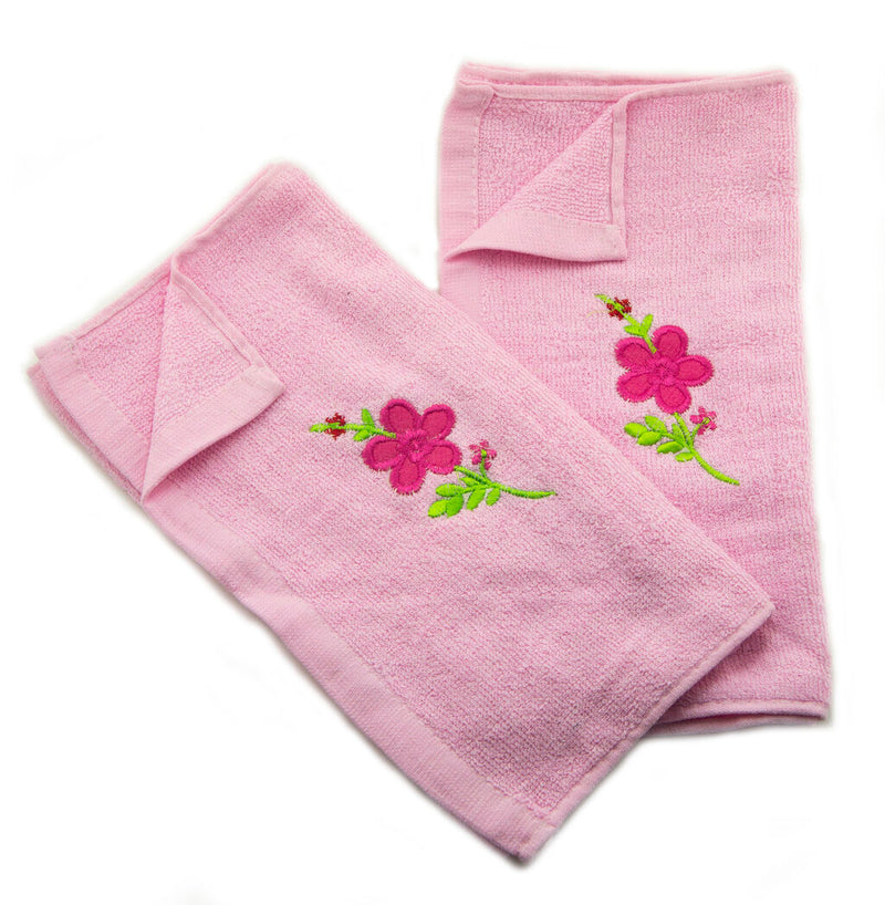 Pastel pink hand towel featuring an embroidered floral design.