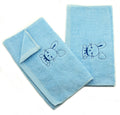 Two pastel blue kids' face towels with bunny rabbit design