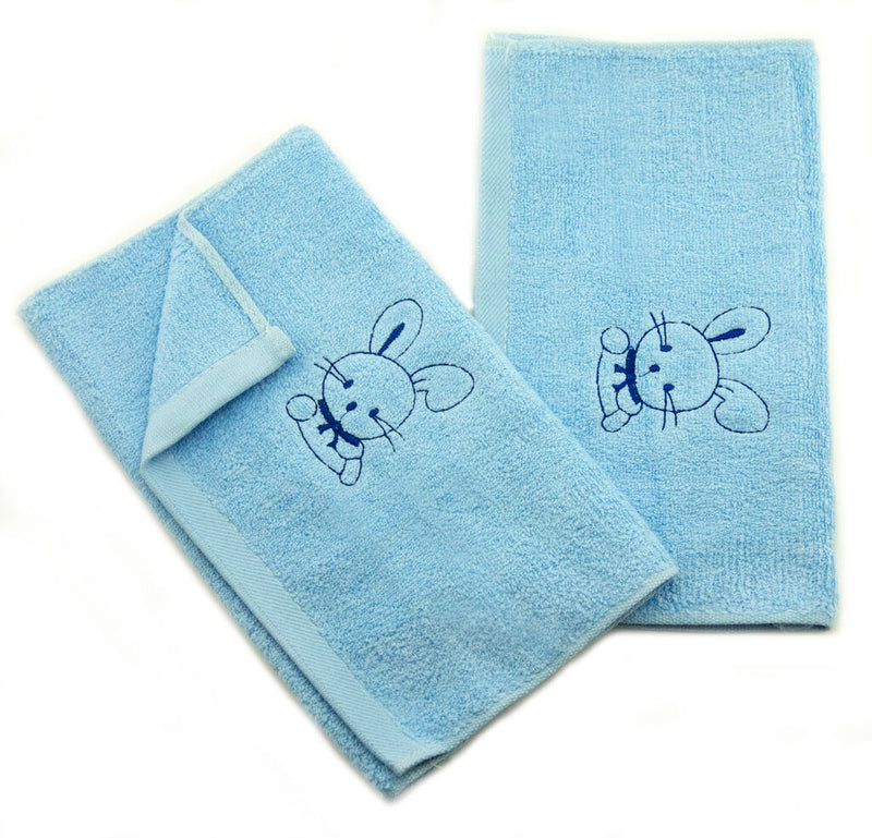 Two pastel blue kids' face towels with bunny rabbit design