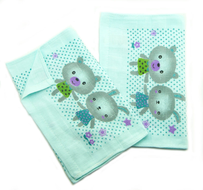 Blue Happy Baby bear and rabbit cotton face cloths displayed