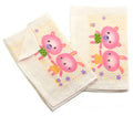 Stack of large cotton face cloths in blue, cream, and pink