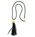Black leatherette tassel loop thong with gold trim.