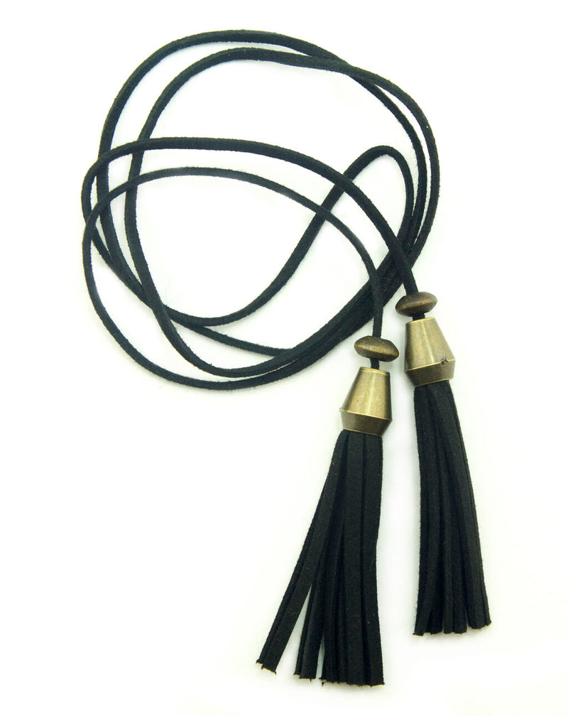 Black suede double tassel loop thong with vintage gold trim.